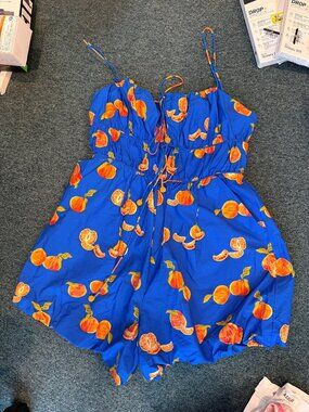 Farm Rio for Anthropologie Blue Citrus Fruit Print Romper size Small